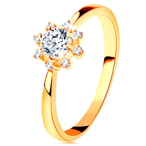 Gyűrű 14K sárga aranyból - átlátszó csillogó szív, keskenyedő szárak - Nagyság: 51