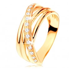 Gyűrű 14K sárga aranyból - három sima sáv, ferde cirkóniás vonal