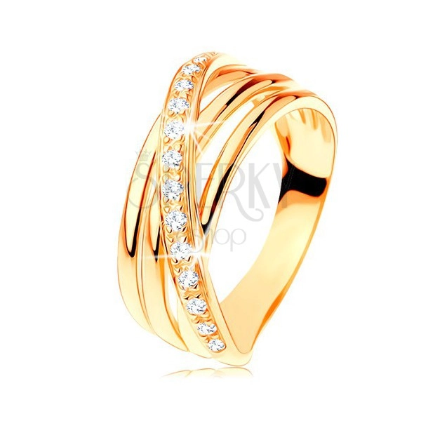 Gyűrű 14K sárga aranyból - három sima sáv, ferde cirkóniás vonal
