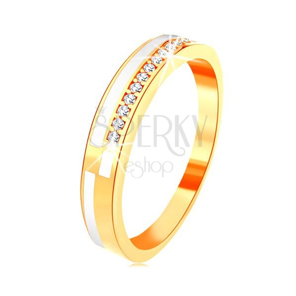 14K sárga arany gyűrű - vékony sáv cirkóniákkal kirakva és fehér fénymáz