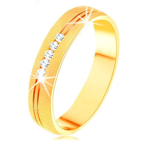 14K sárga arany gyűrű szatén felülettel, kettős vágat, átlátszó cirkóniák - Nagyság: 49