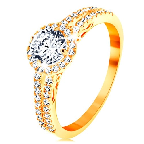 Gyűrű 14K sárga aranyból - átlátszó cirkónia csillogó szegéllyel, díszített szárak - Nagyság: 52
