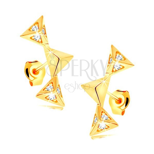 14K arany fülbevaló - három ívbe kapcsolódó csillogó gúla, cirkóniák 