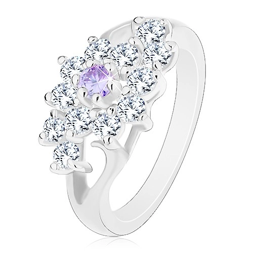 Fényes szárú gyűrű, átlátszó virág lila középpen cirkóniákból - Nagyság: 59