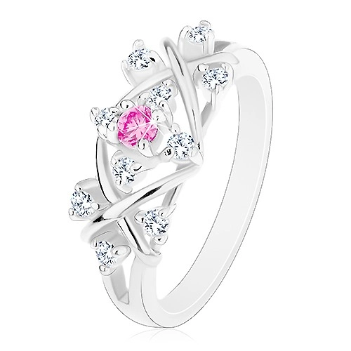Ezüst színű gyűrű, fényes keresztezett vonalak, átlátszó és rózsaszín cirkóniák - Nagyság: 59