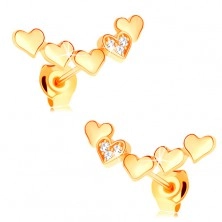 14K sárga arany fülbevaló - kidomborodó szívek ívben összekapcsolva