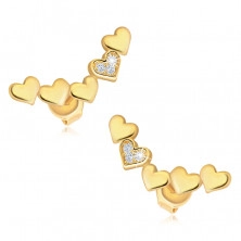 14K sárga arany fülbevaló - kidomborodó szívek ívben összekapcsolva