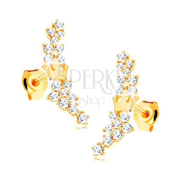 585 arany fülbevaló - csillogó átlátszó cirkóniás virág és kis korona
