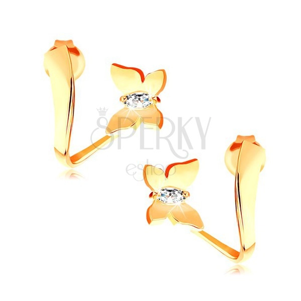 14K sárga arany fülbevaló - hullámos szalagon található fényes pillangó cirkóniákkal