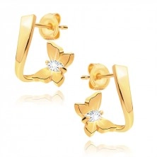 14K sárga arany fülbevaló - hullámos szalagon található fényes pillangó cirkóniákkal