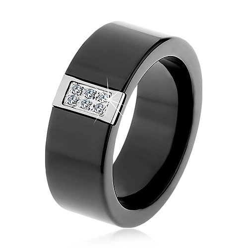 Fekete kerámia gyűrű sima felülettel, acél téglalap díszítés cirkóniákkal - Nagyság: 65