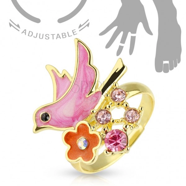 Kéz vagy lábújj gyűrű, arany színben, virág, madárka és rózsaszín cirkóniák