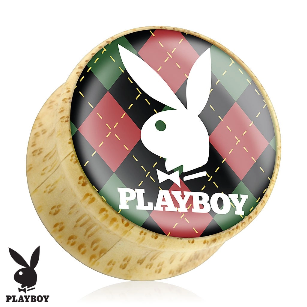Bambuszból készült fül plug, Playboy nyuszi kockás alapon - Vastagság: 6 mm 
