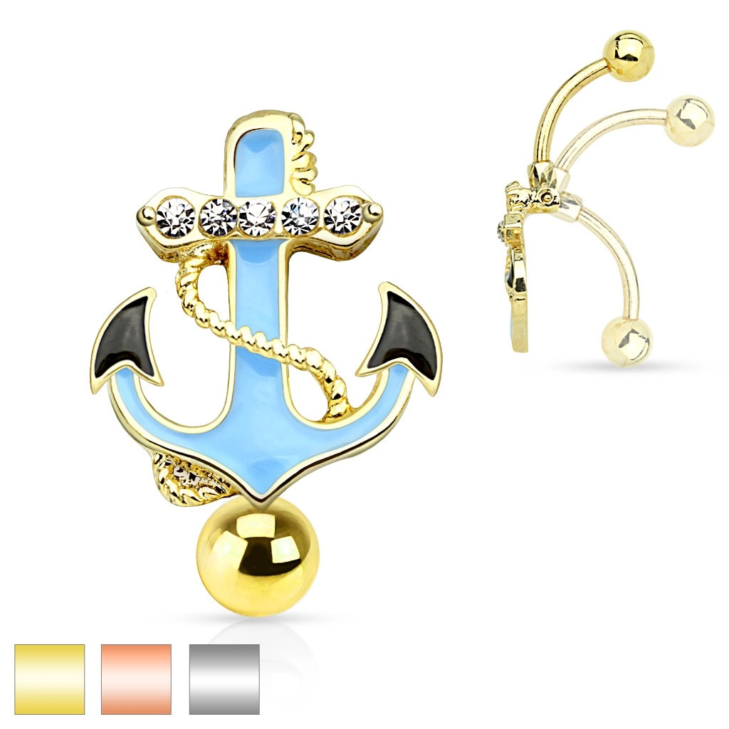 316L acél köldök piercing, kék vasmacska kötéllel és átlátszó cirkóniákkal - A piercing színe: Arany