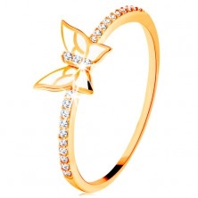 14K sárga arany gyűrű - csillogó sávok, fehér fénymázas pillangó