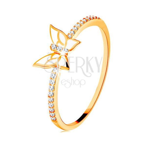 14K sárga arany gyűrű - csillogó sávok, fehér fénymázas pillangó