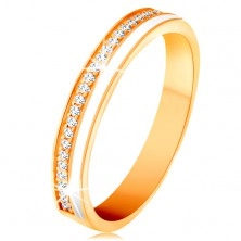 14K sárga arany karikagyűrű - vékony cirkóniás sáv és fehér fénymáz
