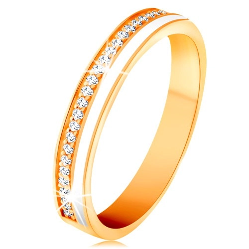 14K sárga arany karikagyűrű - vékony cirkóniás sáv és fehér fénymáz - Nagyság: 54