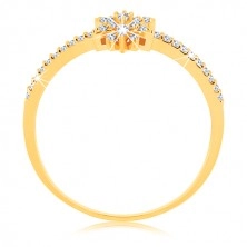 Gyűrű 14K sárga aranyból - csillogó virág átlátszó cirkóniákból, ragyogó szárak