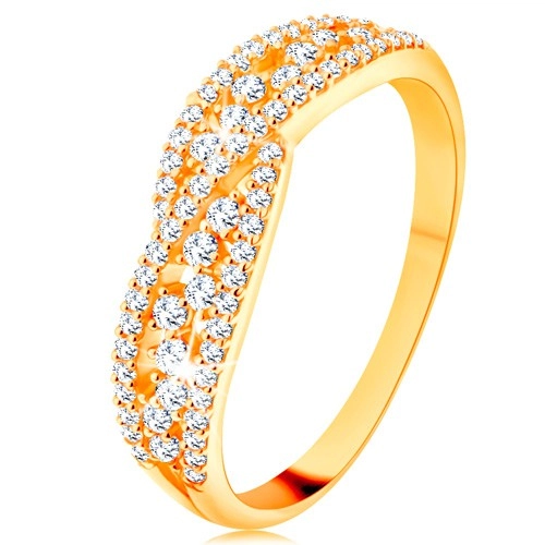 Gyűrű 14K sárga aranyból - fonott csillogó vonalak átlátszó cirkóniákkal díszítve - Nagyság: 48