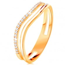 Gyűrű 14K sárga aranyból, hullámos szárak kivágással a közepén, fénymáz és cirkóniák