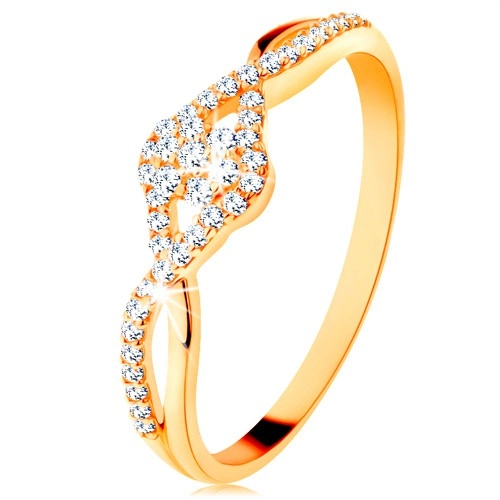 585 arany gyűrű - egymást keresztező szárak, átlátszó cirkóniás virág - Nagyság: 49