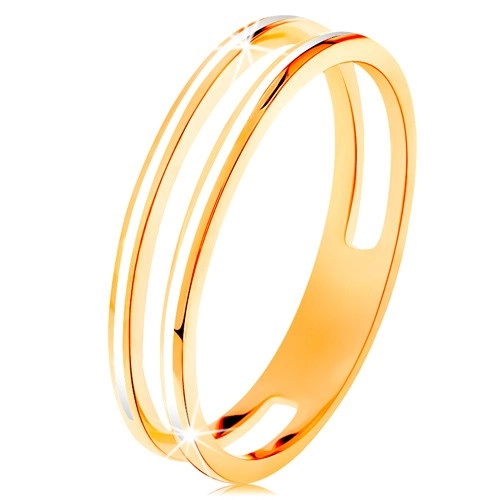 Gyűrű 585 sárga aranyból, két vékony karika fehér fénymázzal díszítve - Nagyság: 49