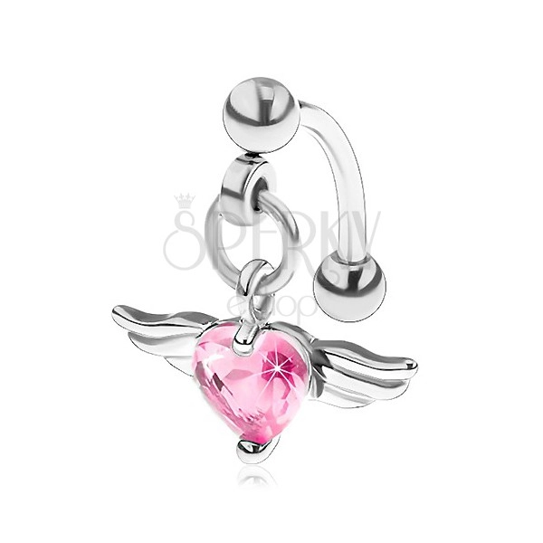 Szemöldök piercing sebészeti acélból, rózsaszín szív angyalszárnyakkal