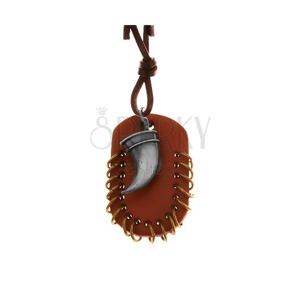Műbőr nyaklánc, medálok - barna ovális forma kis karikákkal és hajlított agyar