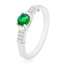 Eljegyzési gyűrű, 925 ezüst, cirkóniás szárak, kerek zöld cirkónia