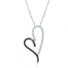 925 ezüst nyaklánc, aszimmetrikus szív körvonal, átlátszó és fekete cirkóniák