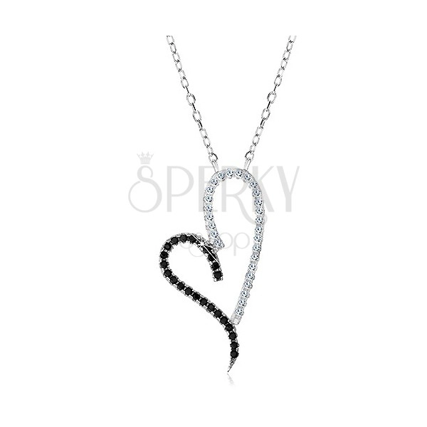 925 ezüst nyaklánc, aszimmetrikus szív körvonal, átlátszó és fekete cirkóniák