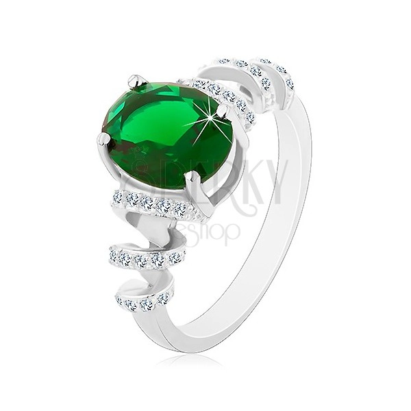 Eljegyzési ródiumozott gyűrű, 925 ezüst, zöld ovális cirkónia, csillogó spirál