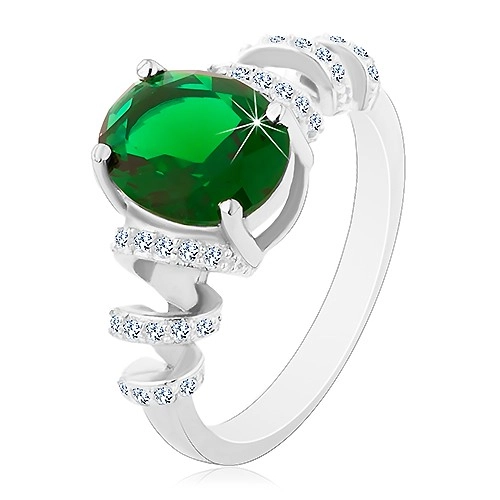 Eljegyzési ródiumozott gyűrű, 925 ezüst, zöld ovális cirkónia, csillogó spirál - Nagyság: 61