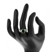 Eljegyzési ródiumozott gyűrű, 925 ezüst, zöld ovális cirkónia, csillogó spirál