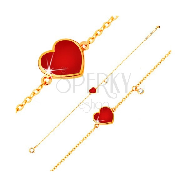 585 arany karkötő - piros fénymázas szív és átlátszó cirkónia, vékony lánc, 180 mm