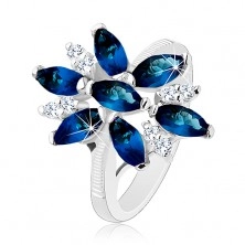 Csillogó gyűrű ezüst színben, kék-átlátszó cirkóniás virág, fényes szárak