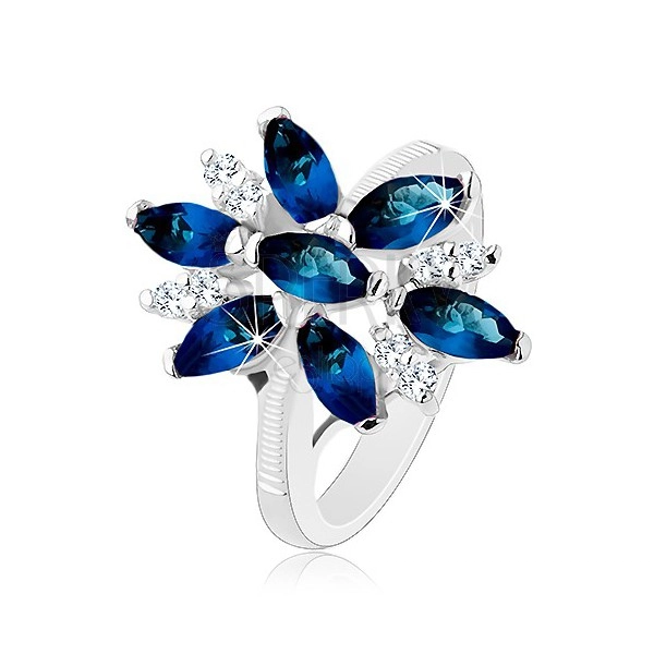 Csillogó gyűrű ezüst színben, kék-átlátszó cirkóniás virág, fényes szárak