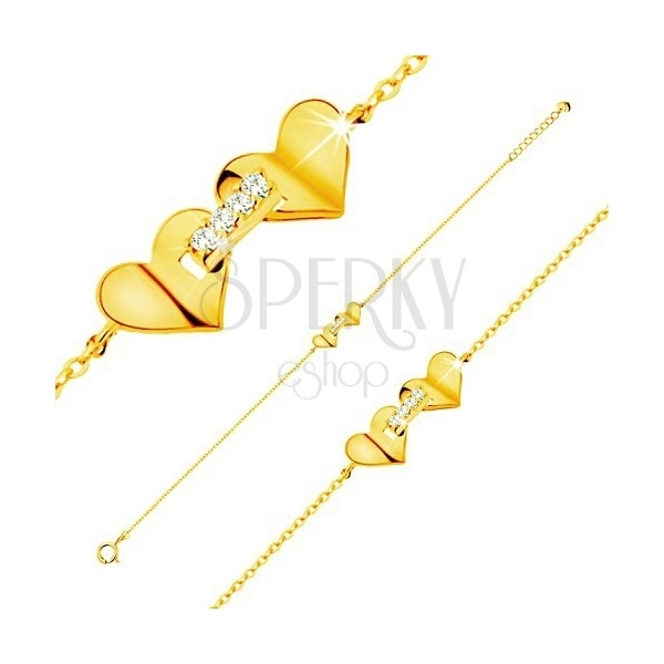 14K sárga arany karkötő - szívecskék cirkóniás sávval összekapcsolva, vékony lánc