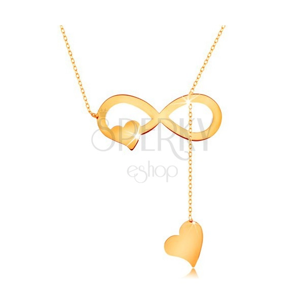 Nyaklánc 585 sárga aranyból - vékony lánc, lapos végtelen szimbólum és szívek
