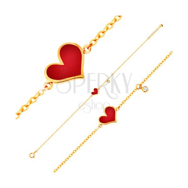 Karkötő 14K sárga aranyból - piros aszimmetrikus szív és átlátszó cirkónia, lánc