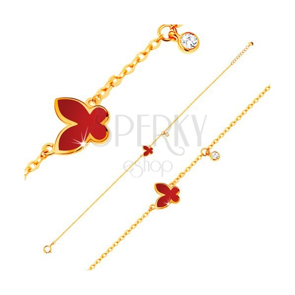 14K sárga arany karktő -piros fénymázas pillangó és átlátszó cirkónia, vékony lánc