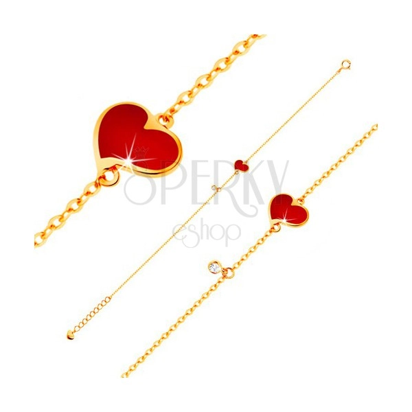 Karkötő 14K sárga aranyból - piros aszimmetrikus szív és átlátszó cirkónia, vékony lánc