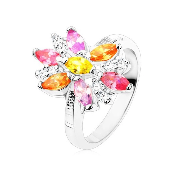 Gyűrű ezüst színben, nagy virág színes és átlátszó szirmokkal
