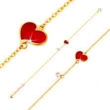 14K sárga arany karkötő - piros aszimmetrikus szív és átlátszó cirkónia, vékony lánc