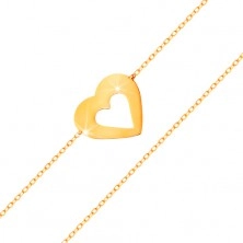14K sárga arany karkötő - vékony lánc, lapos szív körvonal, fényes és sima felület