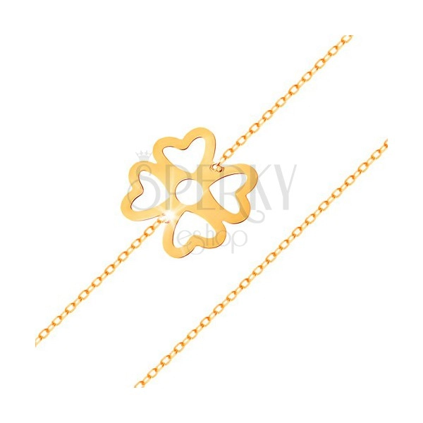 Karkötő 585 sárga aranyból - szerencse szimbólum, négylevelű lóhere kivágásokkal, fényes lánc