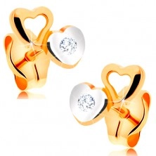 Fülbevaló 14K aranyból - apró kétszínű szívek, átlátszó cirkónia
