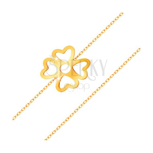 585 sárga arany karkötő - szerencse szimbólum, négylevelű lóhere kivágásokkal, fényes lánc