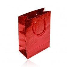 Kis piros ajándék táska elvont mintával, piros zsinórok
